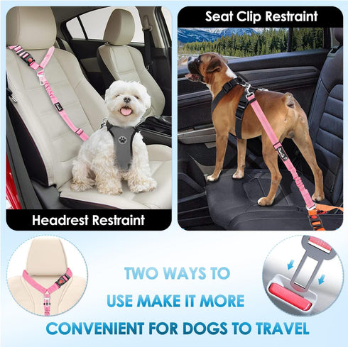2 Pack Lukovee Dog Seatbelt Leash for Cars, Pet Safety Seat Belt with Adjustable Buckle & Reflective Bungee, Connect