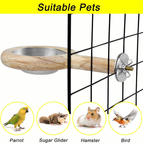 ASOCEA Bird Perch with Feeding Cups, Parrot Wood Stand Toy, Bird Cage Accessory with Stainless Steel Bowls