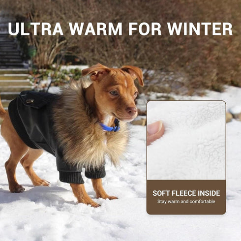 LESYPET Dog Leather Jacket for Small Dogs - Puppy Coat Double Layer with Warm Fleece Lined, Black