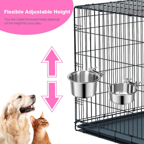 Pet Dog Food Water Bowl for Cage, Stainless Steel Non-Spill Hanging Bowls with Clamp Holder for Small Medium Large Dogs