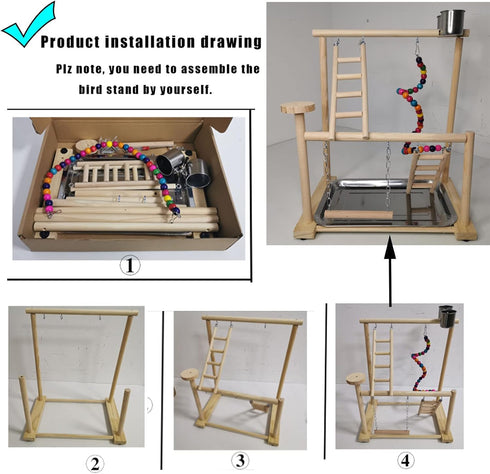 Parrots Playground, Bird Play Gym Wood Perch Stand Colours Revolving Climb Ladders Swing Chewing Toys with Parakeet