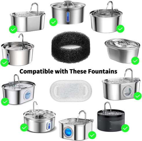 8 Pack Cat Water Fountain Filter Replacement, 4 Carbon Filters & 4 Pre-Filter Sponges for Stainless Steel Fountain