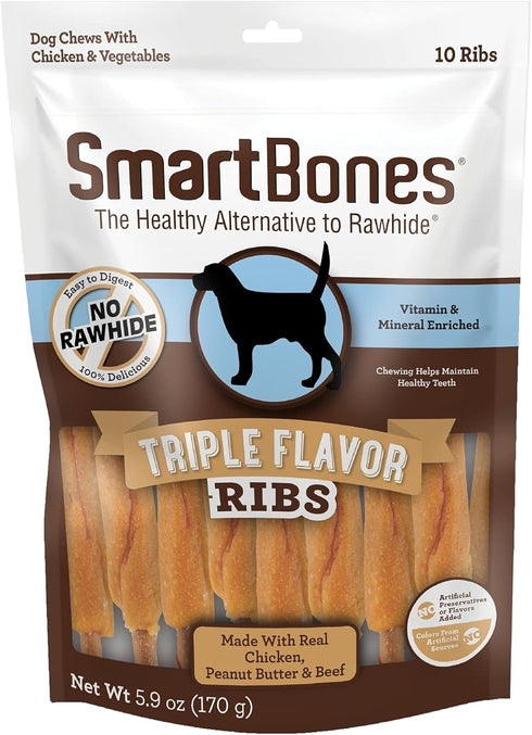 SmartBones 10 Count Rib and Wing Chews, No Artificial Colors or Preservatives, Fun Shaped Triple Flavor Treat