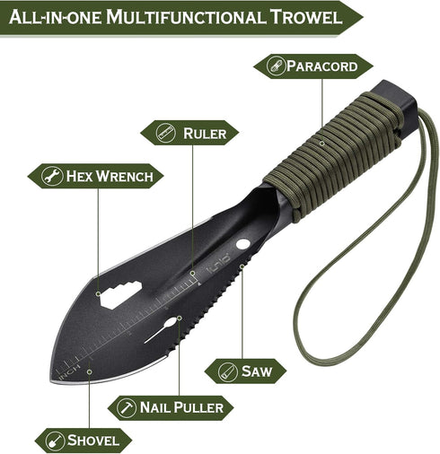 iunio Portable Hiking Trowel, Multitool Shovel with Carrying Pouch for Camping, Backpacking, Gardening, Outdoor