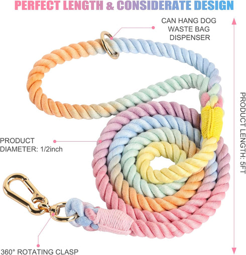 5 FT Dog Leash Handmade Braided Rope Dog Leash for Small Medium and Large Dogs, Colorful Macaron