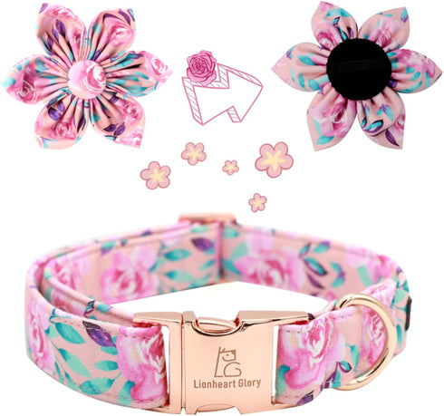 Lionheart Glory Dog Collar, Pink Dog Collar with Flower, Cute Floral Pattern Pet Collar Adjustable Dog Collar for X-Large Dogs