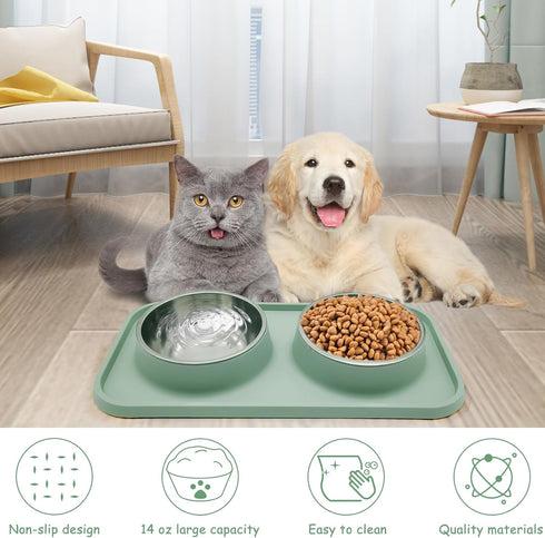 BNOSDM Double Dog Food Bowls with Non-Spill Plastic Mat, Pet Feeder Bowl Set for Small Medium Dogs