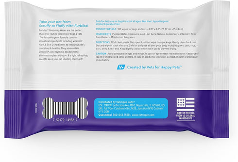 Vetnique Labs Furbliss Hypoallergenic Pet Wipes for Dogs & Cats, 100ct Pouch with All Natural Deoplex Deodorizer