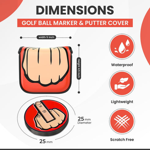 Red Middle Finger Golf Putter Head Covers & Ball Marker - Premium Golf Club Protector with Magnetic Closure