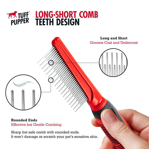 Tuff Pupper Dual Length Detangling Dog Comb, Ergonomic Combs with No-Slip Handle for Precision Control