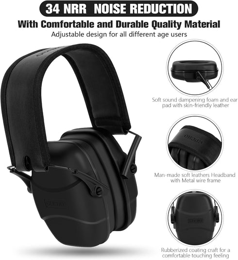 GUCHO 34 dB NRR Noise Reduction Safety Ear Muffs, Hearing Protection for Shooting Range, Hunting