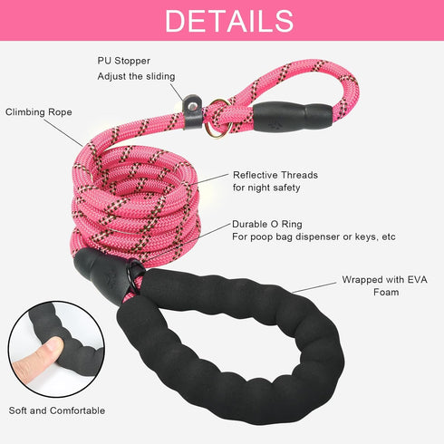 Slip Lead 6 FT for Medium and Large Dogs,Puppy Dog Training Leash Heavy Duty,No Pull Reflective Nylon Dog Leash,Rope Training Leash for Dogs That Pull,Pink