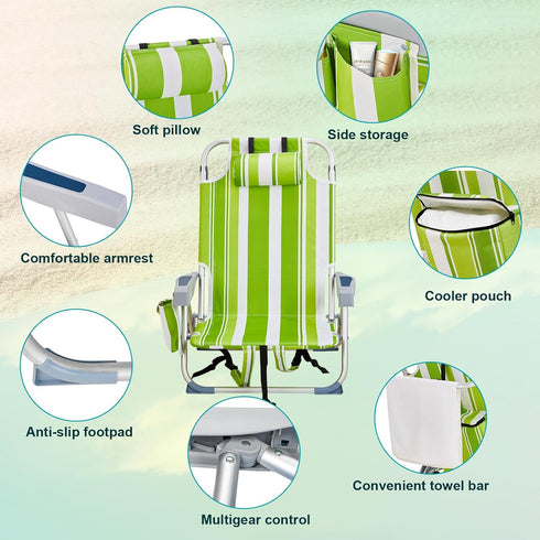 300lbs Folding Beach Chair for Adults, Outdoor Beach Portable Lawn Chair Camping High Back Chairs with Hard Armrest
