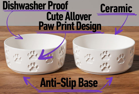 Ceramic Dog Bowl Set with Anti-Slip Rings - 5" Round x 2" Tall Set of 2 Ceramic Dog Bowls for Small Dogs - Small Dog Bowls - Dog Food and Water Bowl - White Dog Food Bowls - Dog Bowls Small Size Dog