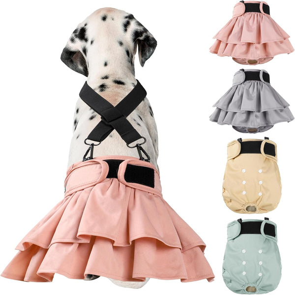 Washable Female Dog Diapers (4 Pack+1 Suspenders), Reusable Female Girl Doggy Doggie