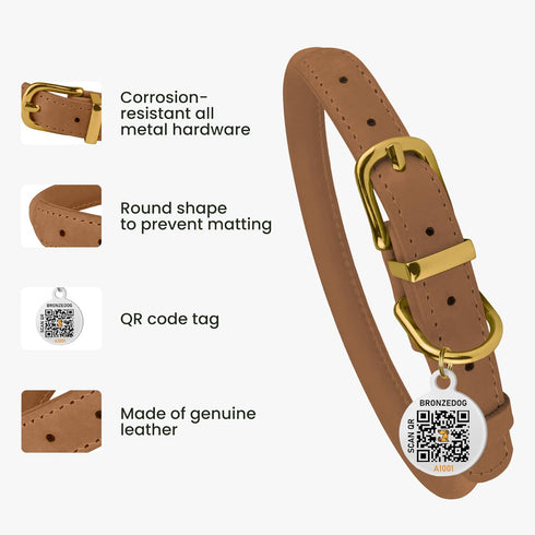 BronzeDog Rolled Leather Dog Collar - Adjustable Soft Round Collars with QR ID Tag for Small Medium Large Dogs