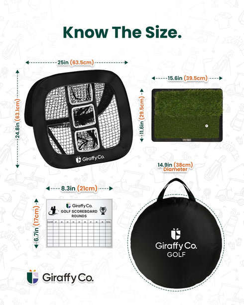 Giraffy Co. Set 3-Target Golf Chipping Net with Mat & Practice Balls - Pop-Up Chipping Net, Scoring Board, Tee & Carry