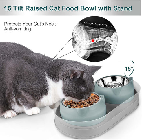 Elevated Cat Food Bowls, Raised Cat Bowl with Stand Stainless Steel, Tilted Cat Bowls Anti Vomiting, Double Cat Food and Water Bowl Set for Cats (Grayblue)