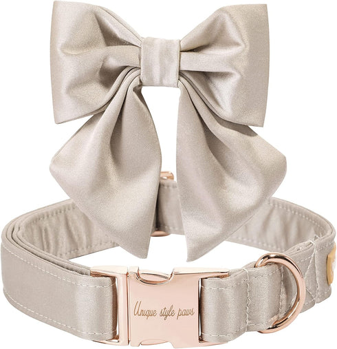 Unique Style Paws Silk Champagne Color Dog Collar, Adjustable Durable Collar with Bow Tie for Medium Dogs