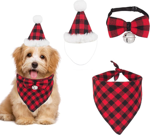 ADOGGYGO Christmas Dog Bandana Hat Bow Tie Set - Classic Plaid Pet Scarf for Small Dogs, Cats & Pets (Small, Red)