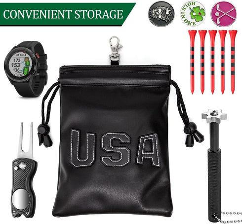 Golf Valuables Pouch, Leather Golf Tee Bag with Drawstrings, Golf Ball Bag for Men and Women