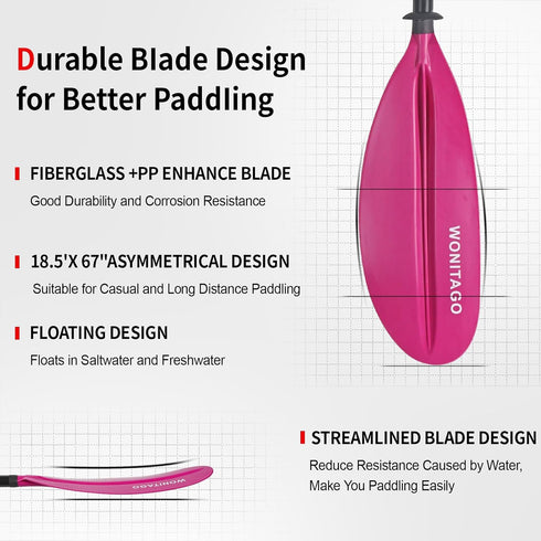 Kayak Paddle with Aluminum Shaft, Nylon Blades, Adjustable 3 Piece Oars, 220-240cm/86-94 Inches, Black/Rose/Teal