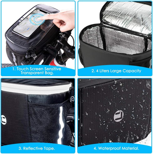 WOTOW Bike Handlebar Insulated Bag, Front Phone Bag Cooler Storage Pouch with TPU Touch Screen for Cycling Accessories