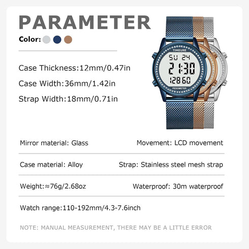Counter Countdown TimerTU-2401 Women's Step Pedometer Watch with Stainless Steel Bracelet, Stylish Design, No App, No