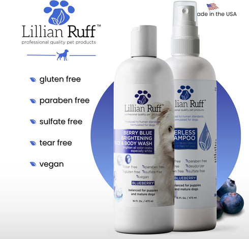 Lillian Ruff PRO Formula Berry Blue Brightening Dog Shampoo + Blueberry Waterless Dog Shampoo - Professional Whitening