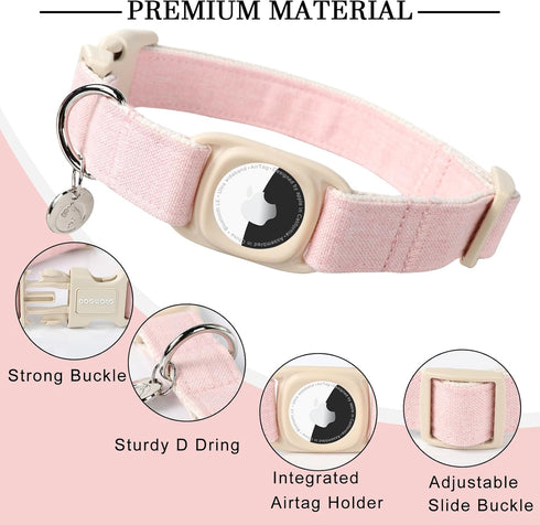 DOGWONG Airtag Dog Collar, Heavy-Duty Cotton Hemp, Pink, with Airtag Holder for Small Medium Large Dogs