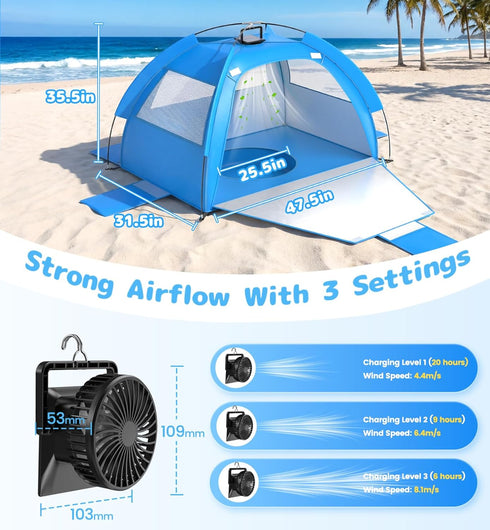 Dsquu Baby Beach Tent Solar Cooling Fan, Anti-UV Toddler Beach Tent Sun Shelter Portable Travel Fan Beach Shade Tent