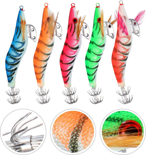 11g 8.5cm Set, 5-Color Pack Angoily Simulated Shrimp Fishing Lures Luminous Plastic Soft Bait with Hooks