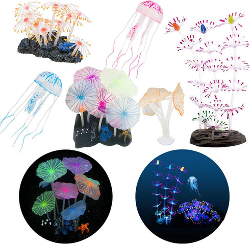 Cayway 6 Pack Aquarium Fish Tank Glowing Simulation Coral Plant Ornaments, Glowing Silicone Mushroom Lotus
