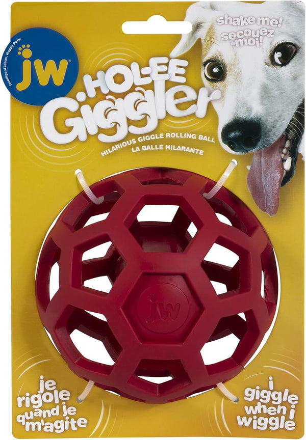 JW Pet Hol-ee Giggler Dog Toy Puzzle Ball – Natural Rubber, Medium (4.5 Inch Diameter), Red