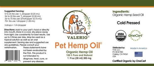 Valerio Pets Hemp Oil for Dogs and Cats - 1 Oz - Hemp Oil Drops with Omega Fatty Acids for Skin Health and Joint Support