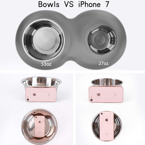 100% Waterproof BPA Free Pet Dog Bowls - 2 Stainless Steel (53oz+27oz) with Silicone Mat + Slow Feed Bowls for Dogs