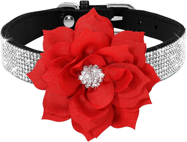Rhinestone Dog Collar, Soft Suede Leather Adjustable Pet Collar with Crystal Diamond for XS Dogs, Black