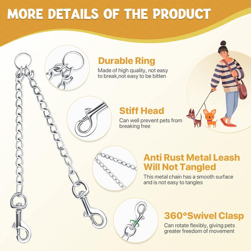 PETTOM 2 Way Dog Lead, Metal Chain Double Pet Clip Leash Coupler, 360° Swivel, No Tangle, XS 2.5mm*40cm, Silver