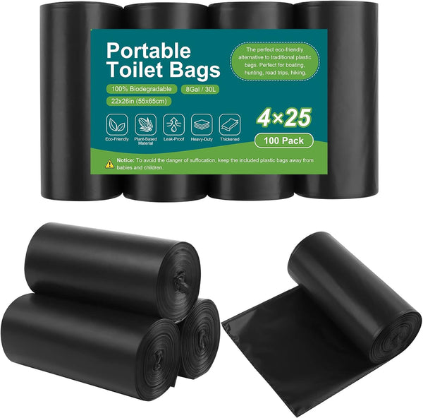 100 Portable Toilet Bags, Drawstring Biodegradable Camping Potty Bags 8 Gallon Waste