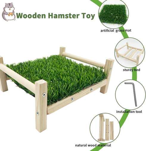FlidRunest Wooden Rat Foraging Toys, Artificial Grass Foraging Mat for Rats, Safe Rats Enrichment Toys Activities