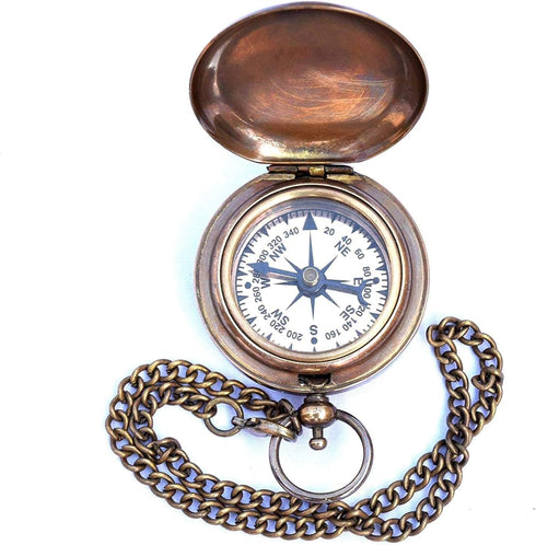 THOR INSTRUMENTS Handmade Nautical Brass Push Open Compass On Chain with Leather Case Pocket Compass Gift Compasses