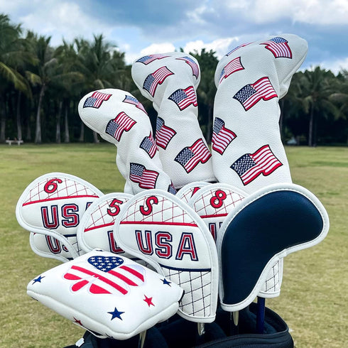 US Flag Patriotism Golf Club Head Covers | White for Driver, Fairway Hybrid Woods - 4 Options - Synthetic Leather Set