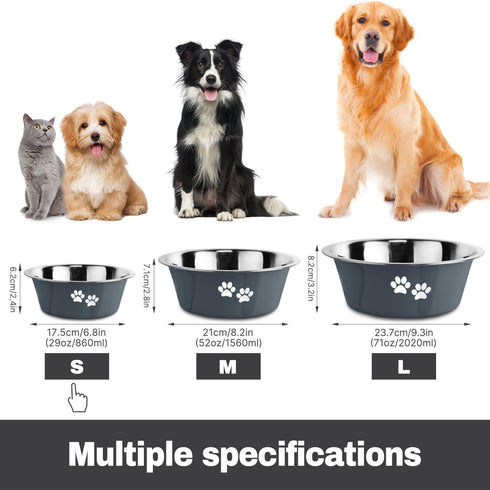 Stainless Steel Dog Bowls, Non-Slip Rubber Bottom, No Spill Proof Skid Bowls for Large, Medium, Small Dogs (Grey, 3.6