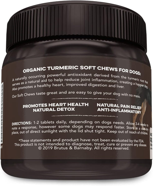 BRUTUS & BARNABY Organic Turmeric for Dogs - Soft Chews with Curcumin, Collagen & Bioprene for Hip and Joint Support