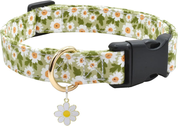 Flower Patterns Dog Collar with Accessories, Soft Cotton for Small Medium Large Female and Male Dogs (Green Sunflower,