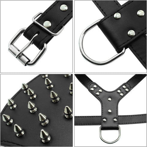 PU Leather Spiked Studded Dog Collars & Harnesses 2Pcs Matching Set for Medium & Large Dogs (Red, M)