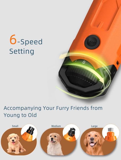 Super Quiet Dog Nail Grinder 45 db - 6-Speed Pet Nail Trimmer with 2 LED Lights & 3 Grinding Ports for All Dog Sizes