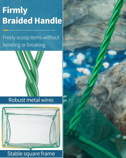 Pawfly Aquarium Fish Net, Square Net with Braided Metal Handle for Cleaning Fish Tanks and Ponds
