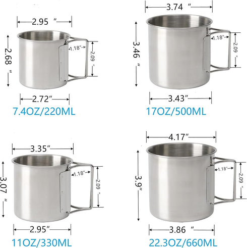 Stackable Stainless Steel Camping Mug Set, Portable Cups with Folding Handle & Mesh Bag for Outdoor Camping, 4 Piece Set