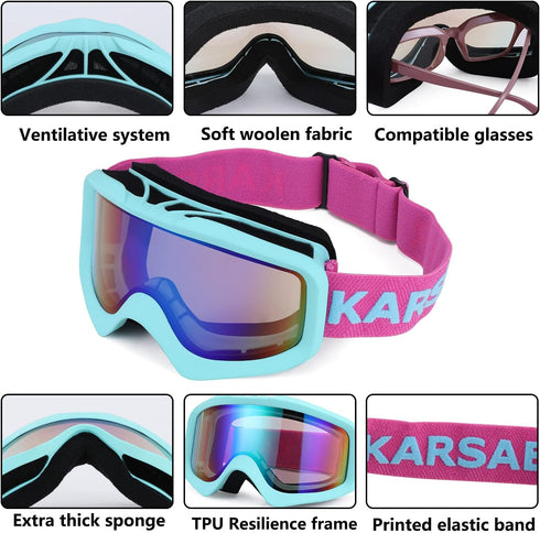 Karsaer Anti-Fog Ski Goggles, 100% UV Protection Snowboard Goggles, Bendable Dual-Lenses for Men Women Youth